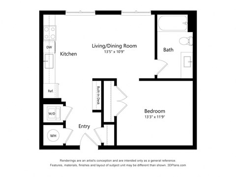 Floor plan for studio, 1 bath, 598 sqft